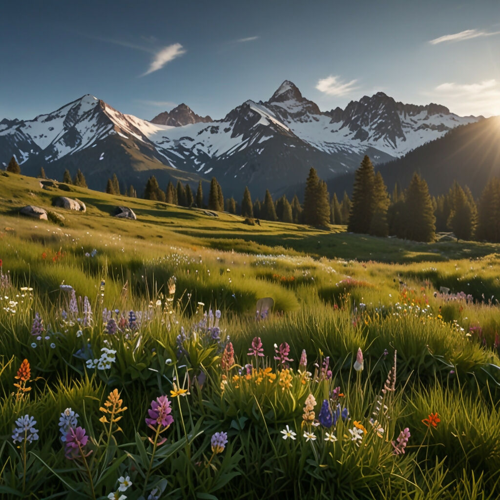 A serene alpine meadow with wildflowers and a backdrop of snow-capped