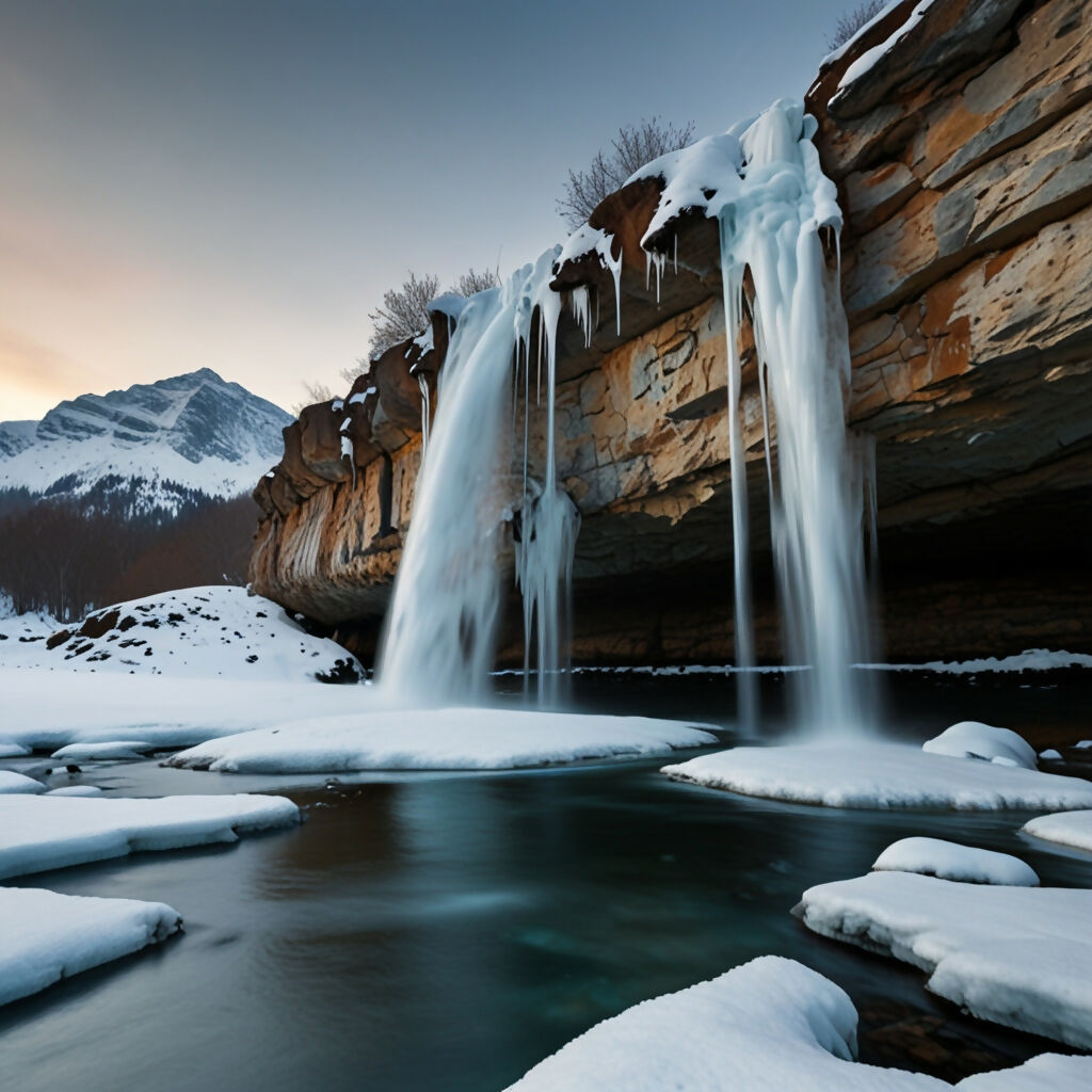 A waterfall partially frozen with icicles hanging from the rocks