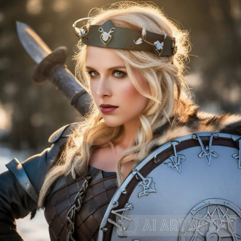 Blonde woman wearing a hat, dressed in leather and furs