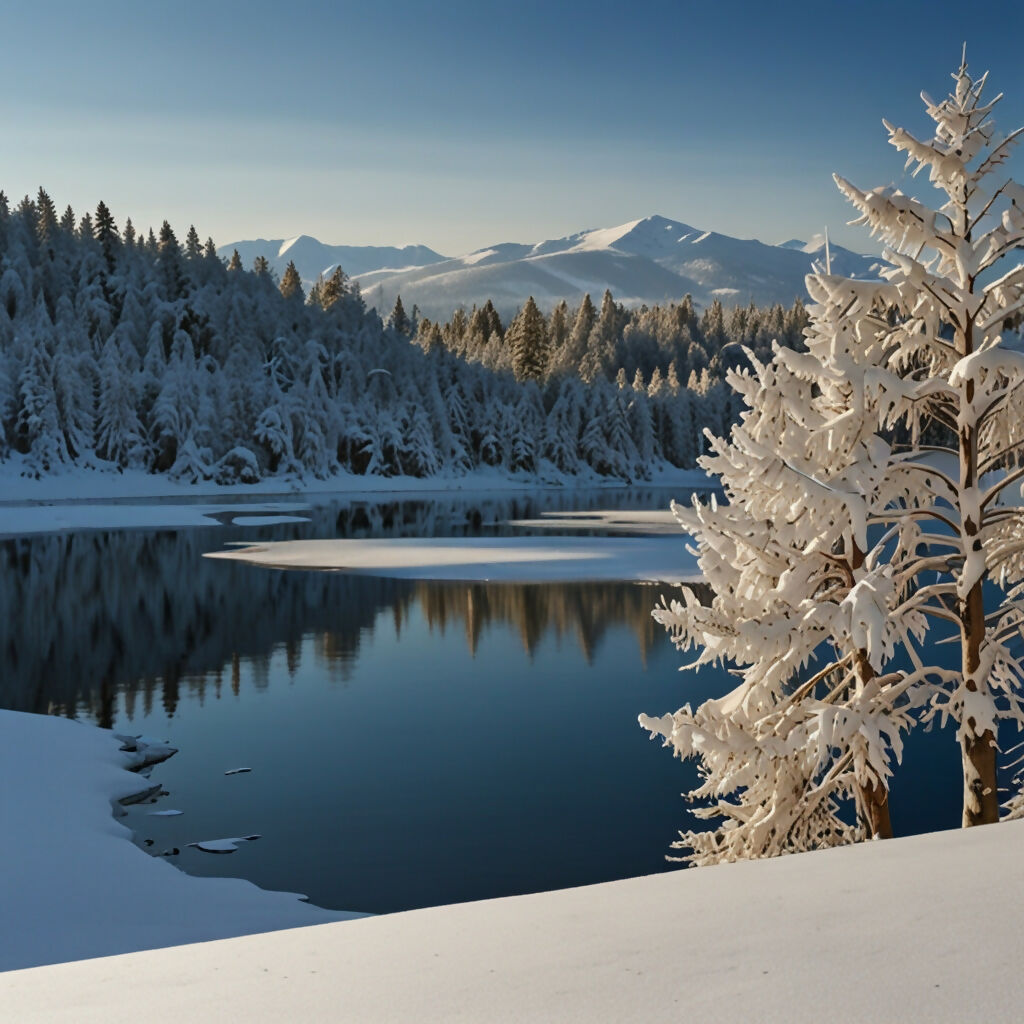A serene winter landscape with snow-covered trees, frozen lakes, and a