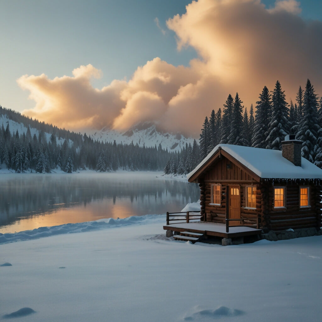 A snowy landscape with a frozen lake and a cozy cabin with smoke ri...