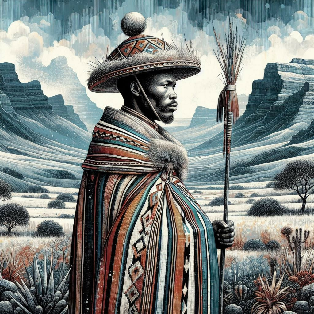 Sotho Man In Basotho Blanket With Traditional Staff Contemporary sotho-man-in-basotho-blanket-with-traditional-staff-contemporary