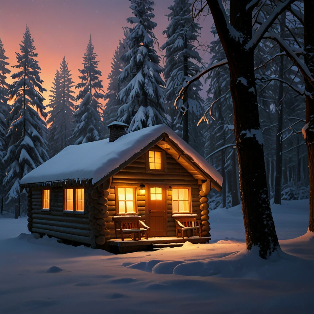 A cozy cabin in the woods with a snow-covered roof and a warm glow fro