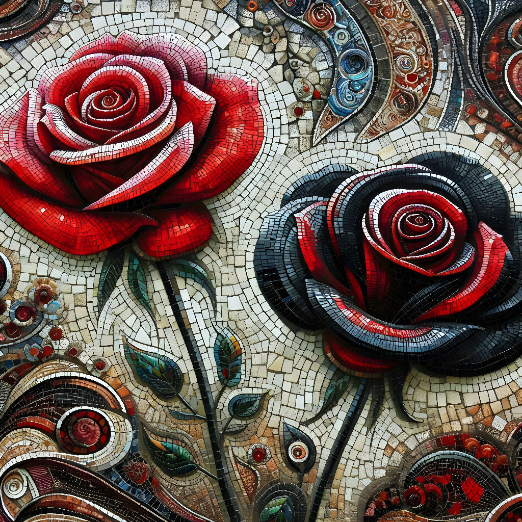 Red and Black Roses Mosaic Art - Floral Digital Wall Decor for Mode...