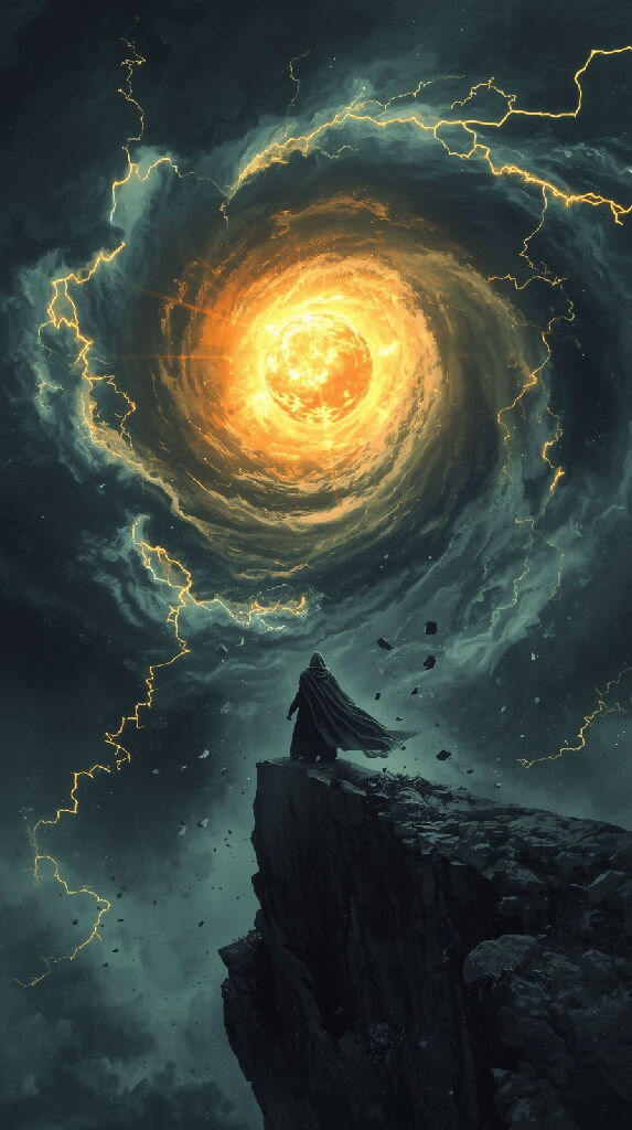 A cloaked figure stands on the edge of a jagged cliff, gazing up at...