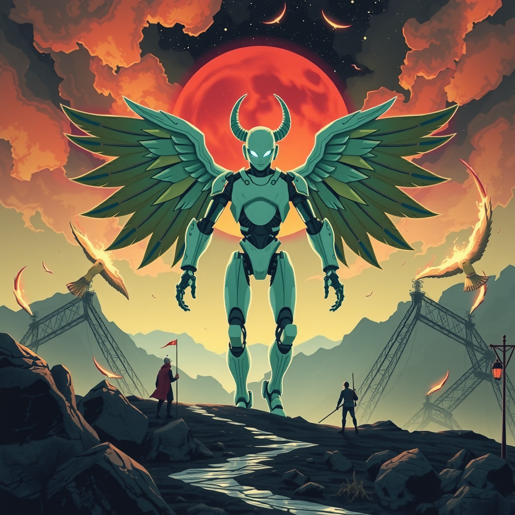 The Arrival: Winged Robot Art | Sci-Fi Encounter
