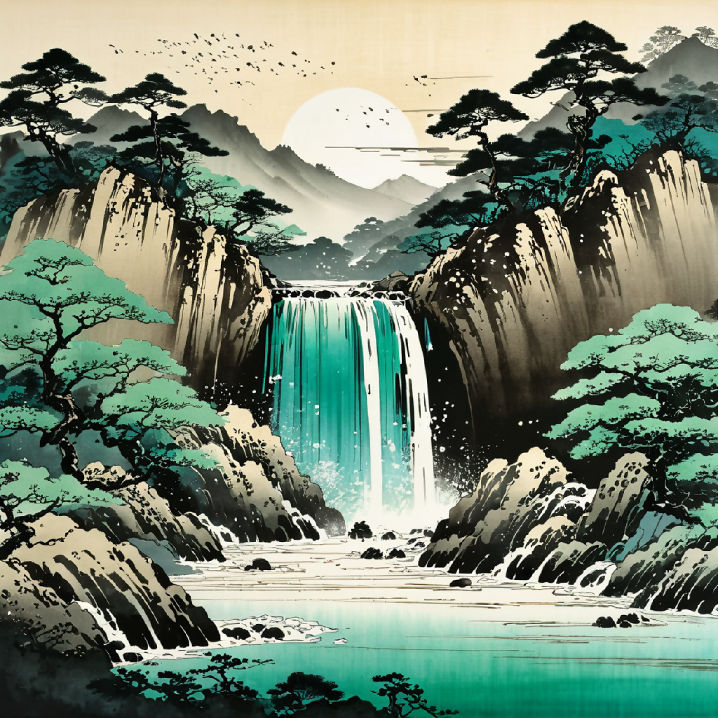 - Japanese art - Waterfall - Nature scenery - Ukiyo-e style - Tradi...