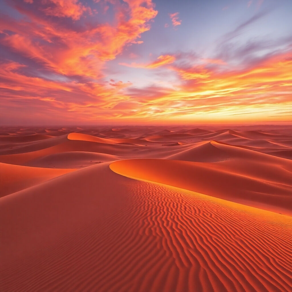 Endless Sand Dunes Glowing Under Spectacular Sunset Sky