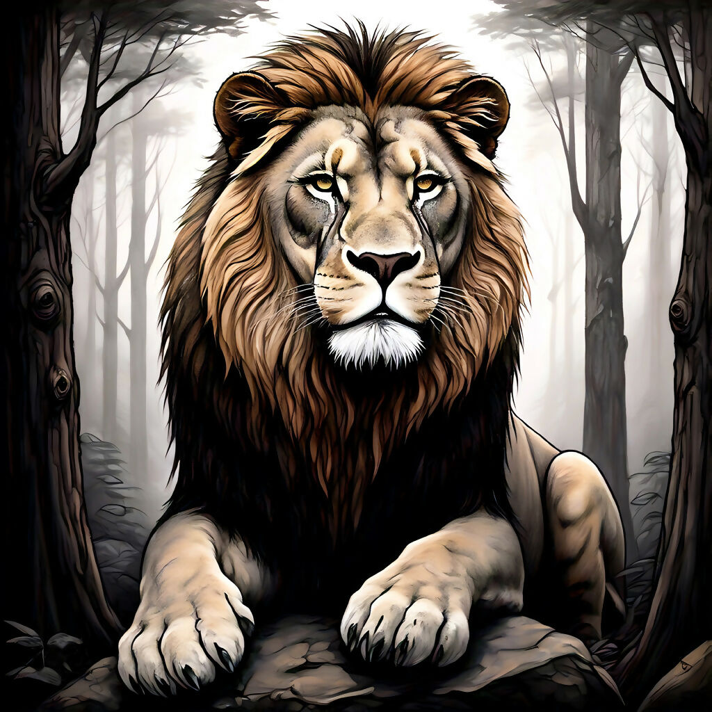 Majestic Lion in Mystical Forest AI Art Nature and Wildlife Decor