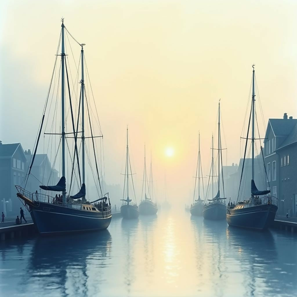 Misty Harbor Dawn Serene Watercolor Scene Of Sailboats At Dawn misty-harbor-dawn-serene-watercolor-scene-of-sailboats-at-dawn