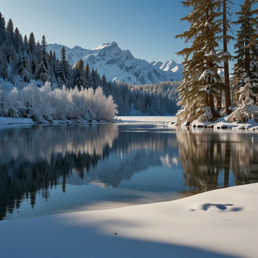 A serene winter landscape with snow-covered trees, frozen lakes, an...