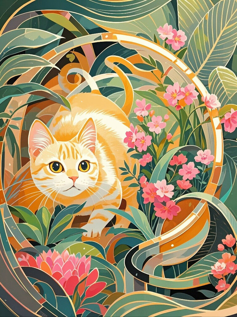 Golden Kitten AI Art – Floral Fantasy Cat Print – Playful Jungle Fe...