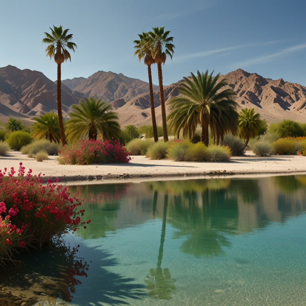 A tranquil desert oasis with palm trees, clear water, and blooming flo