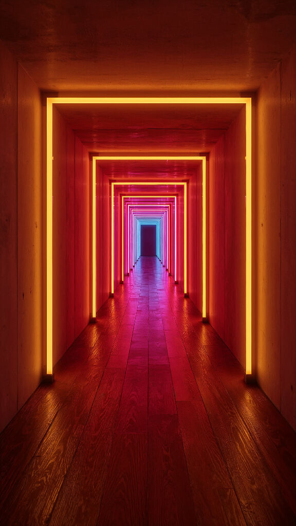 A futuristic endless hallway with glowing neon light frames in perspec