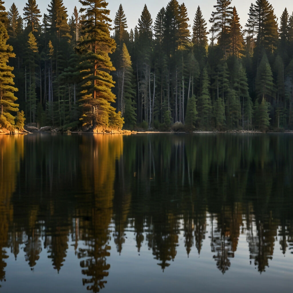 A serene lake surrounded by towering pine trees at sunrise