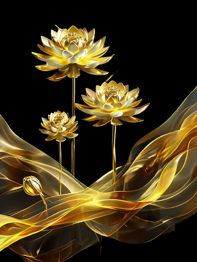 Elegant Golden Lotus Wall Art - Modern Black & Gold Botanical D...
