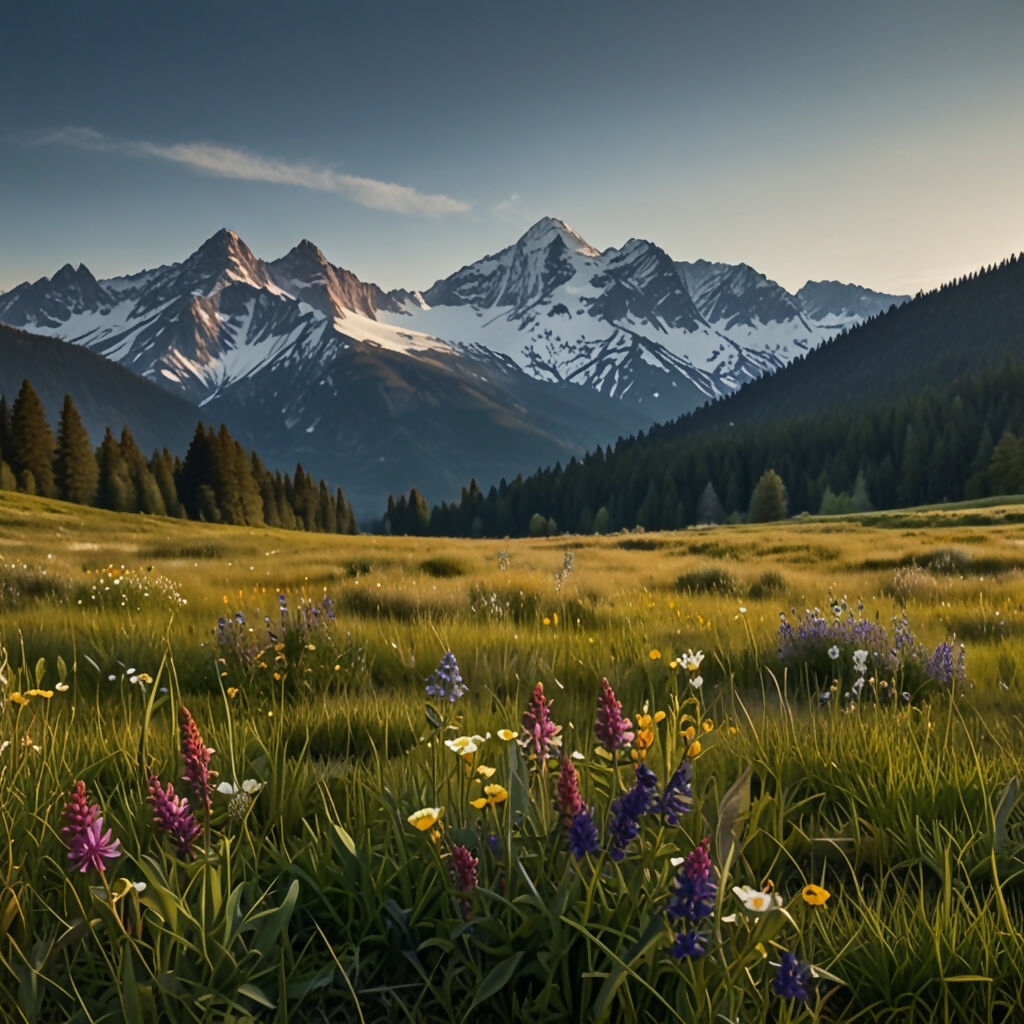 A serene alpine meadow with wildflowers and a backdrop of snow-capped