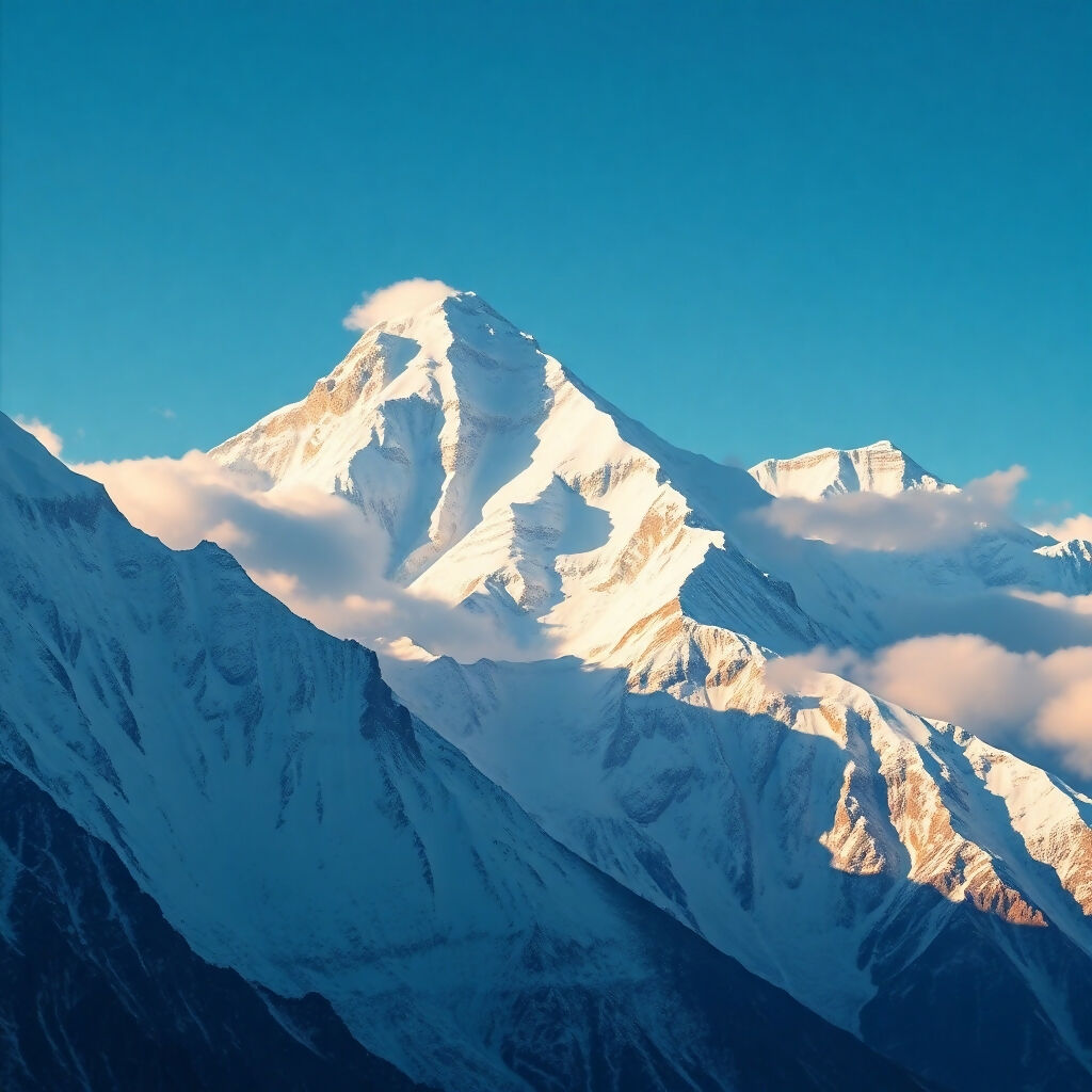 Majestic Snow-Capped Mountain Peak Rising Above Clouds at Sunset