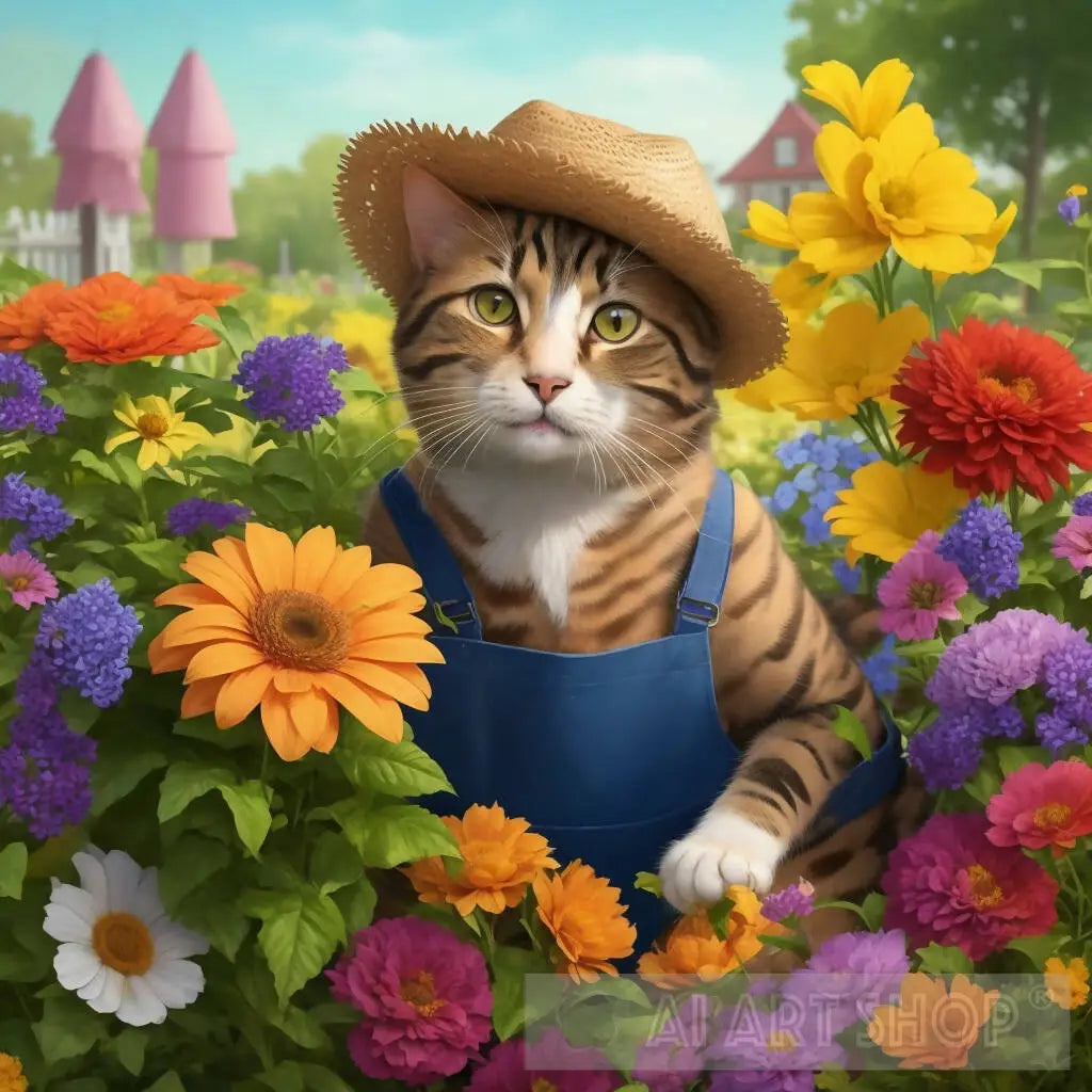 cat gardening gloves a cat as a gardener, wearing a straw hat, and gardening gloves, and surrounded by colorful flowers