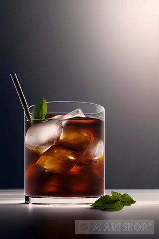 A Cocktail Glass With Ice Cubes And Straw Still Life Ai Art