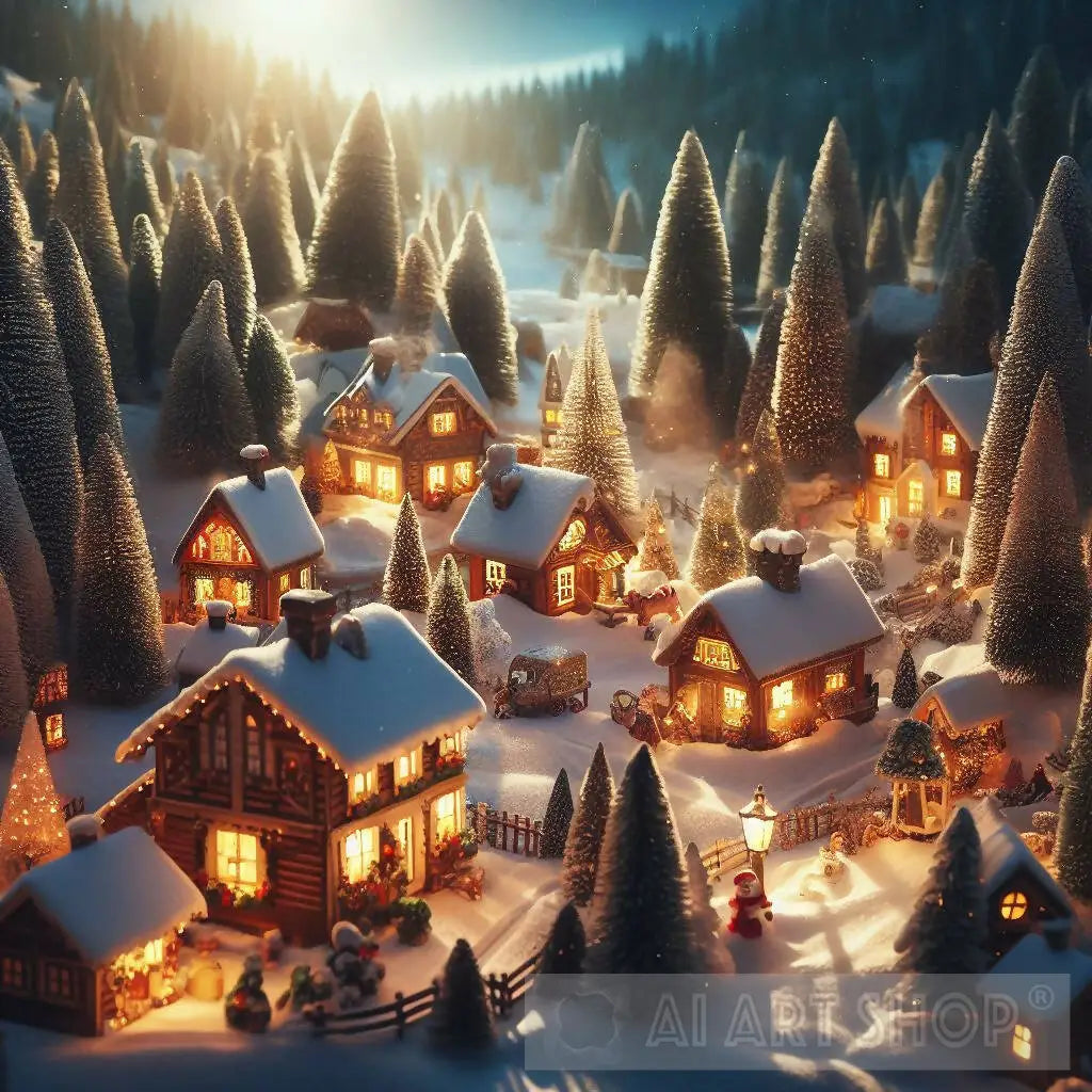 A cozy Christmas village nestled in a snowy forest, with twinkling ...