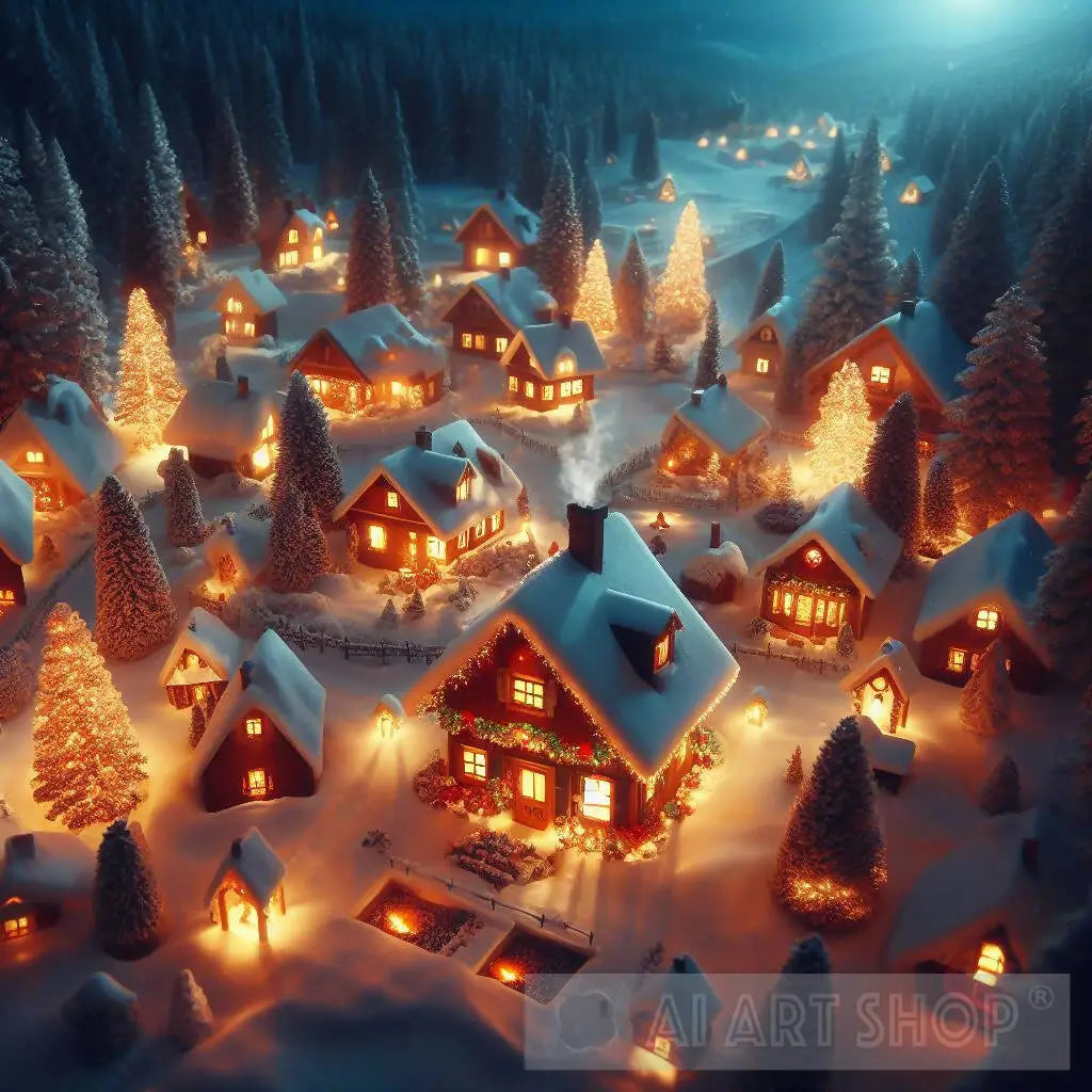 A cozy Christmas village nestled in a snowy forest, with twinkling ...