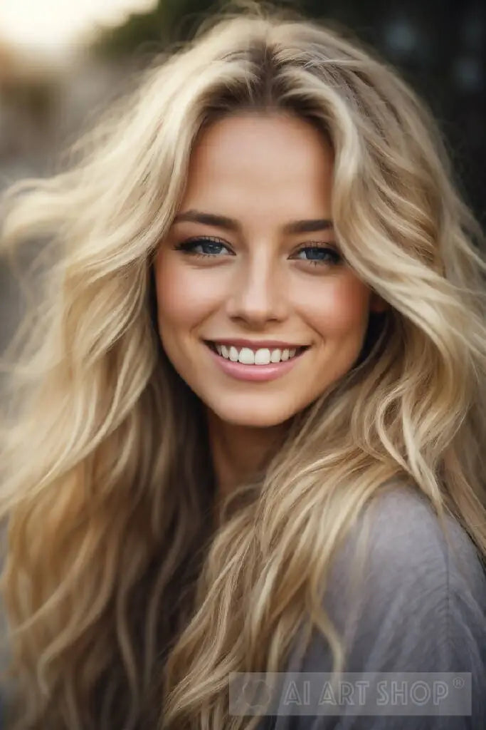 A cute woman with long, flowing blonde hair, grey eyes, glossy lips