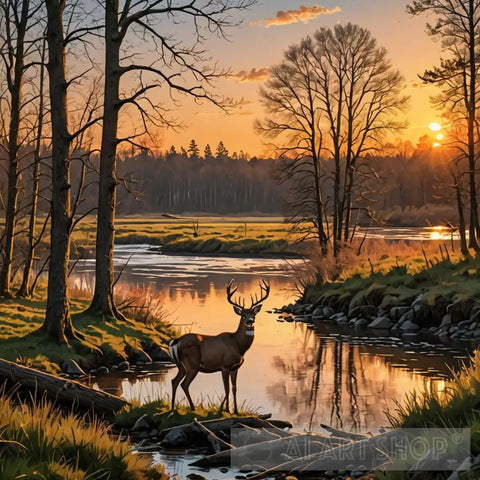 A Deer At The Riverbank Nature Ai Art