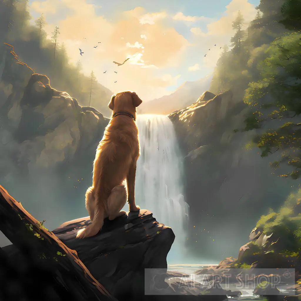 A Dog Watching a Waterfall in the Wilderness.