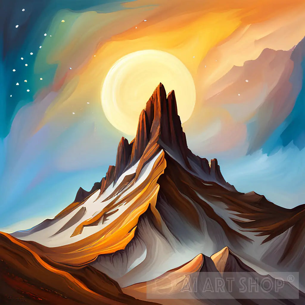 A mountain with a sun in the sky