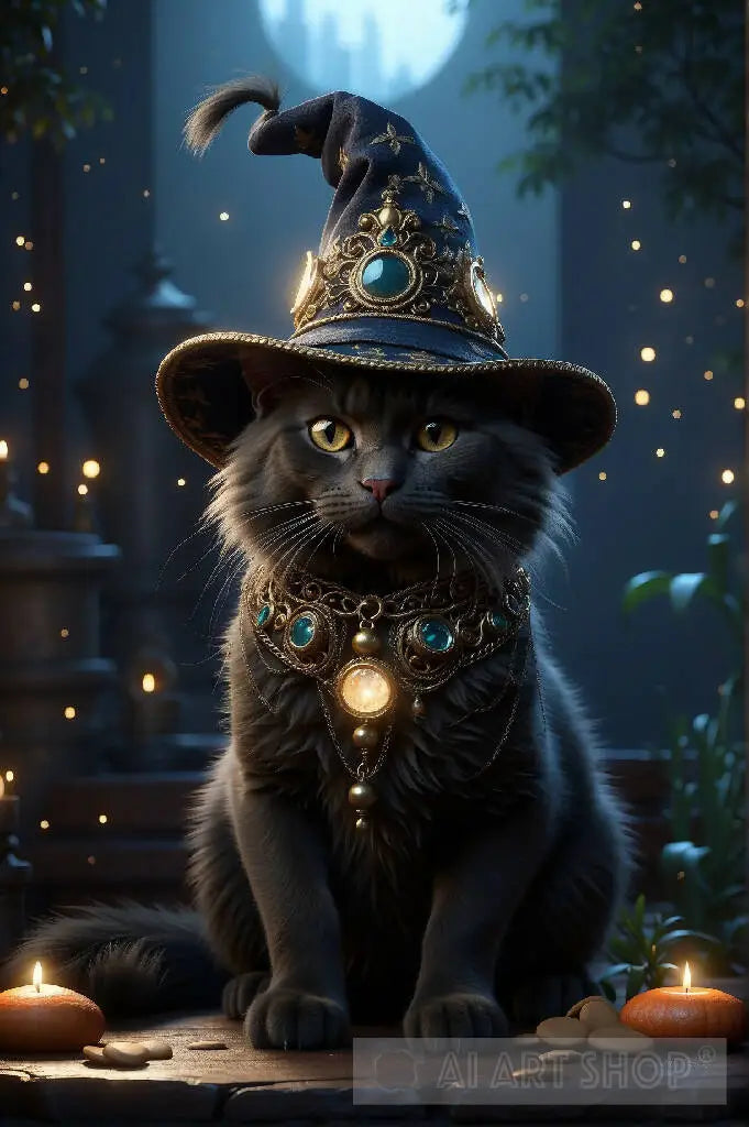 A mysterious black cat donning an intricately adorned wizard’s