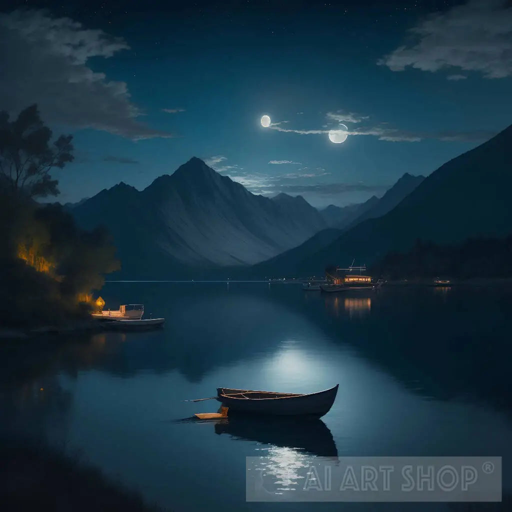 a painting of a lake at night with a full moon in the sky and a boa...