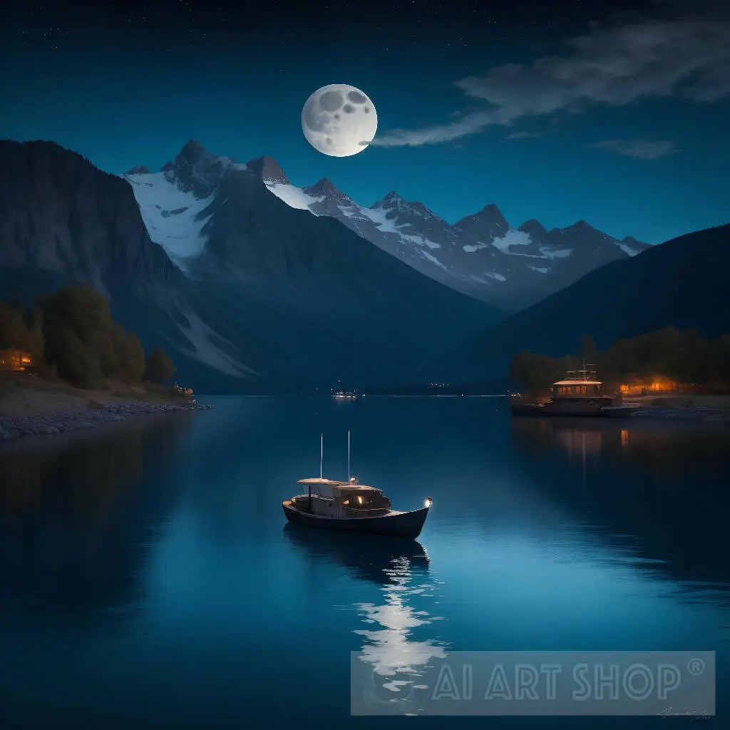 a painting of a lake at night with a full moon in the sky and a boa...