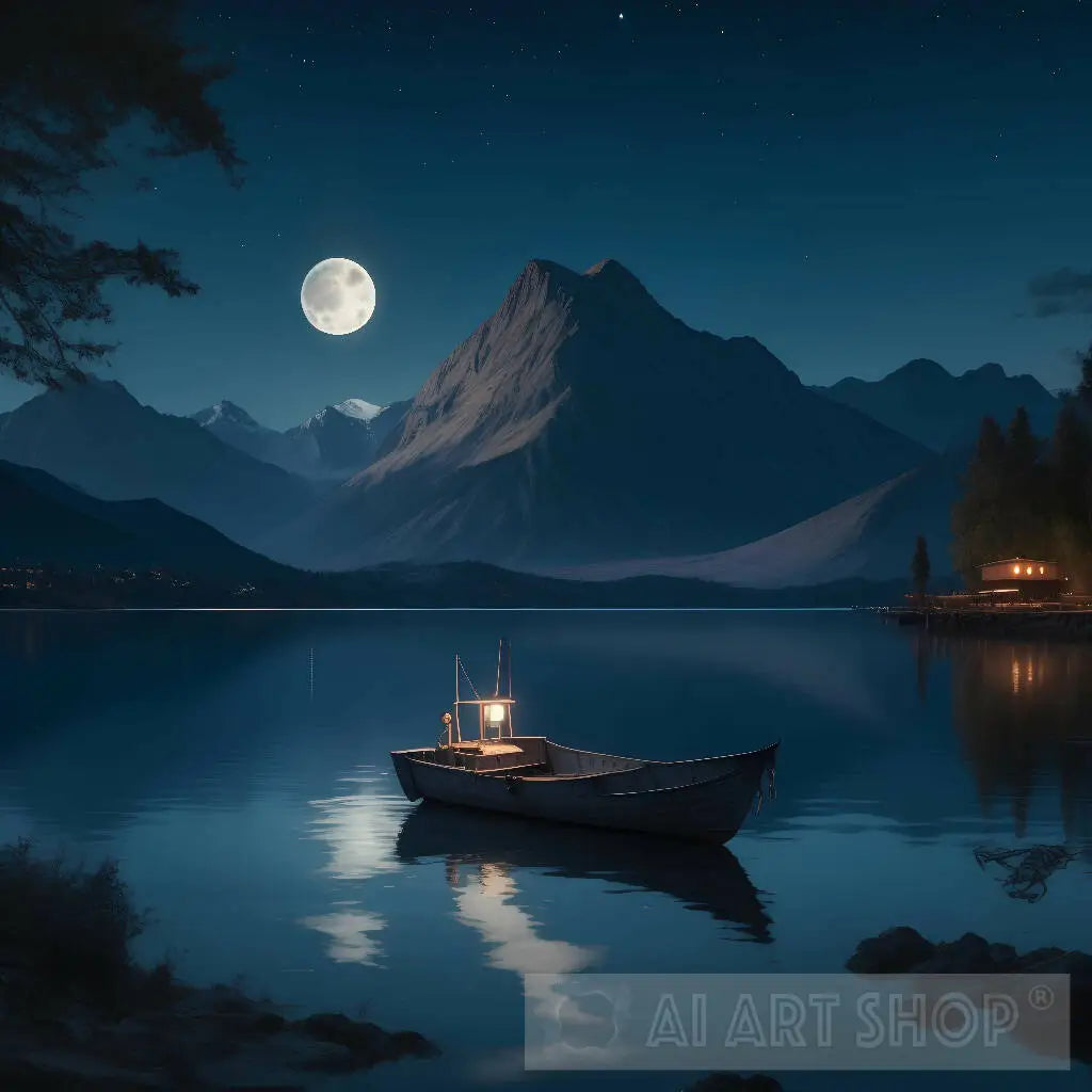 a painting of a lake at night with a full moon in the sky and a boa...