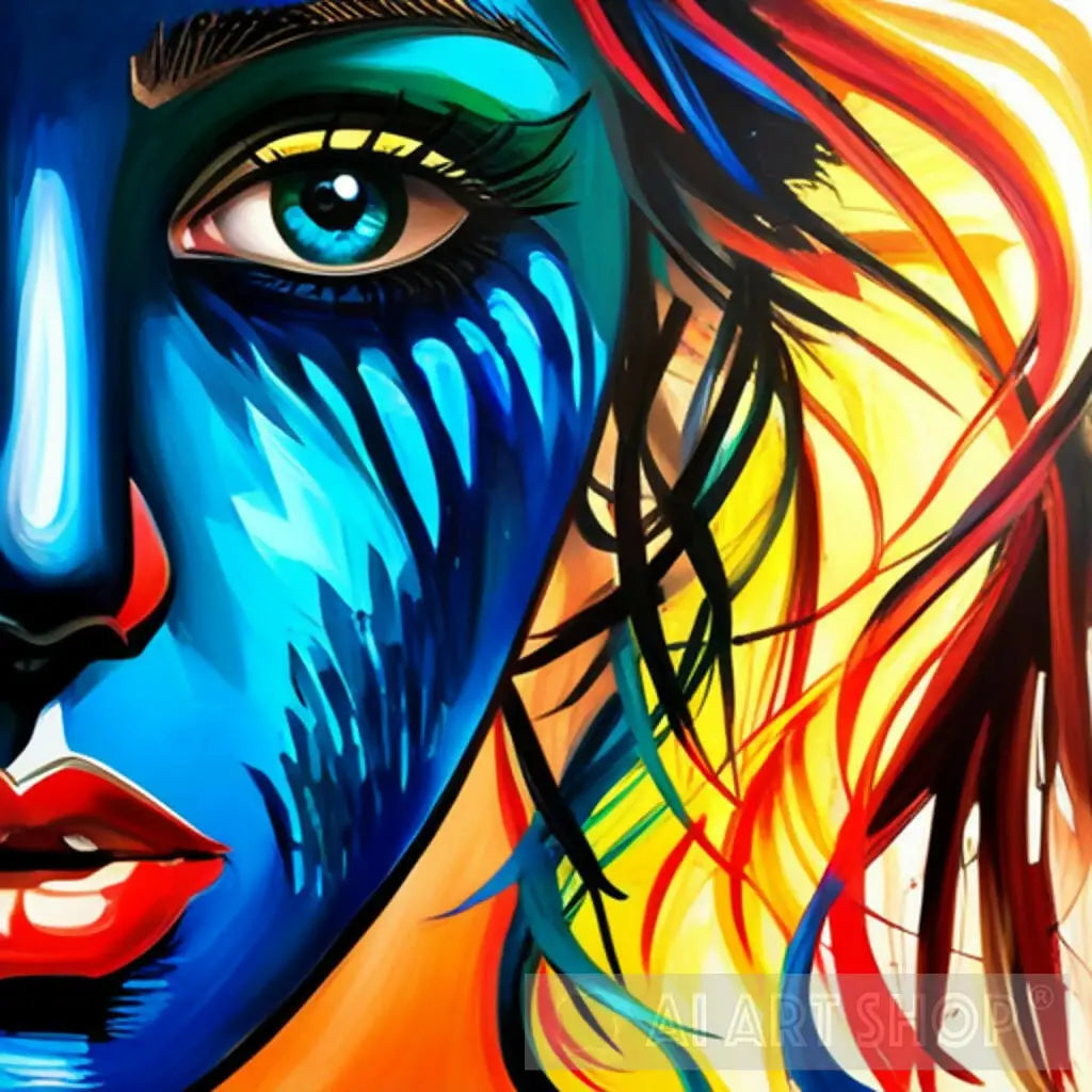 a painting of a woman's face with colorful hair
