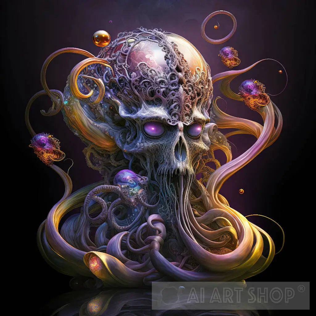 ai art monsters A Psychedelic Image of the Skull of Lovecraft's Cthulhu, Machine Learning Generated AI Image of Mythical Monster with Tentacles