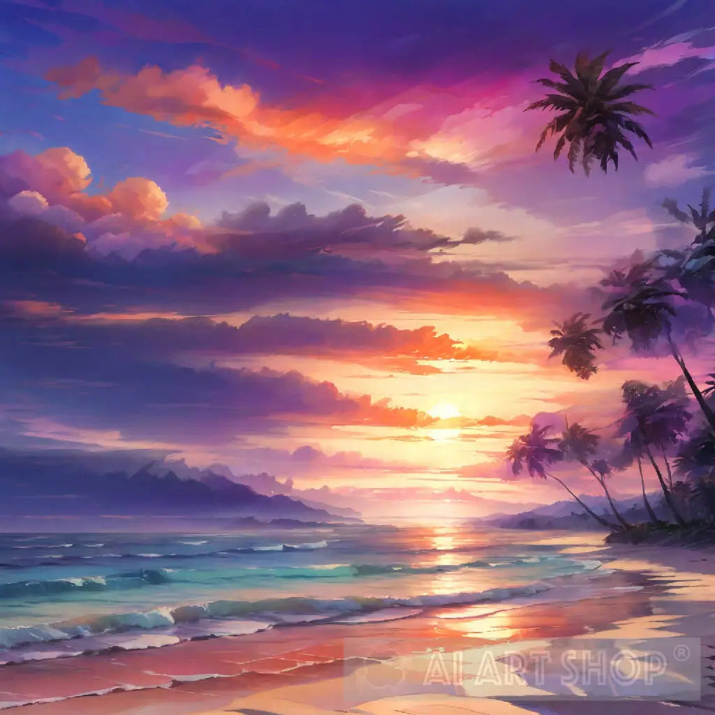 a serene beach at sunset with waves gently lapping the