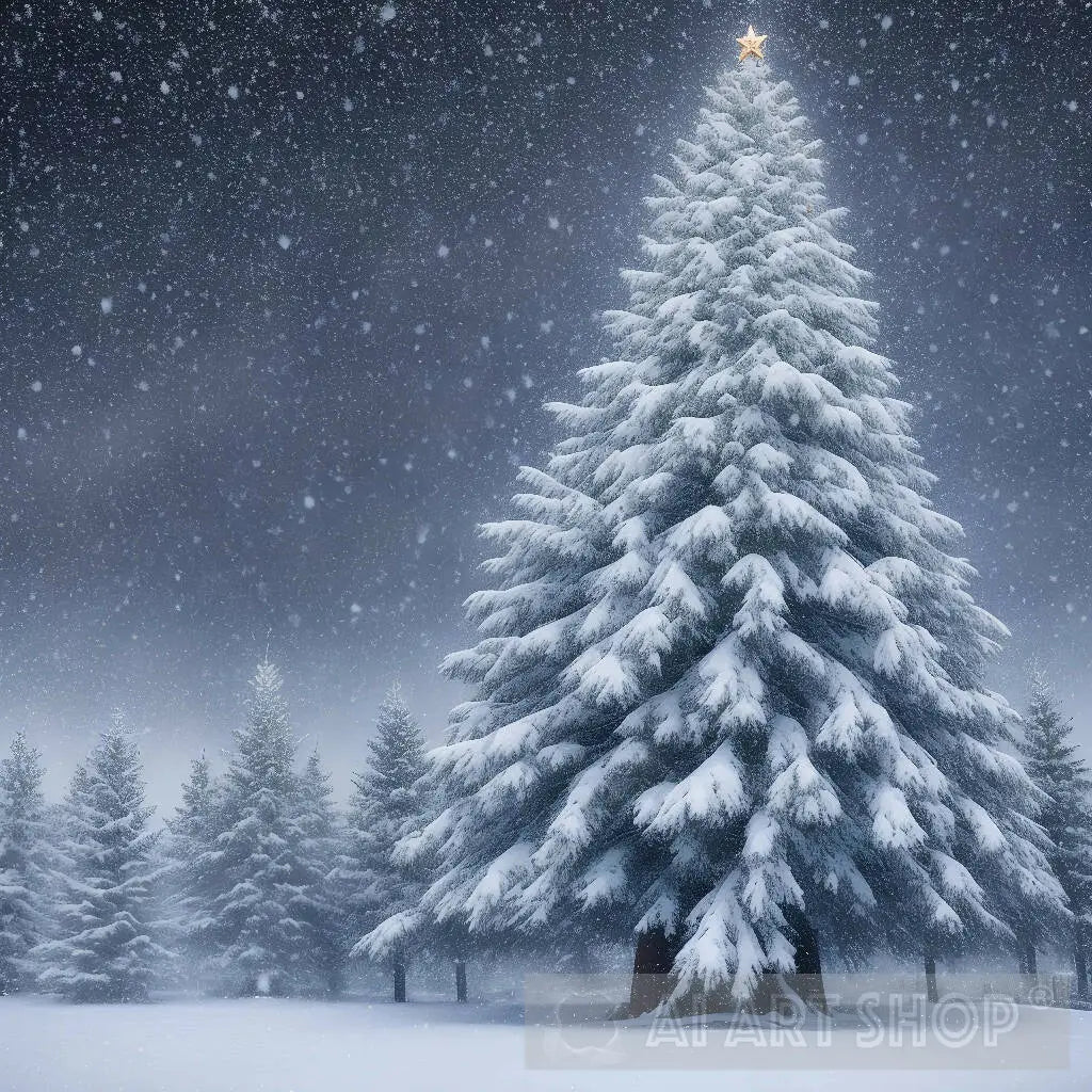 A snow-covered winter wonderland, with a majestic Christmas tree in...