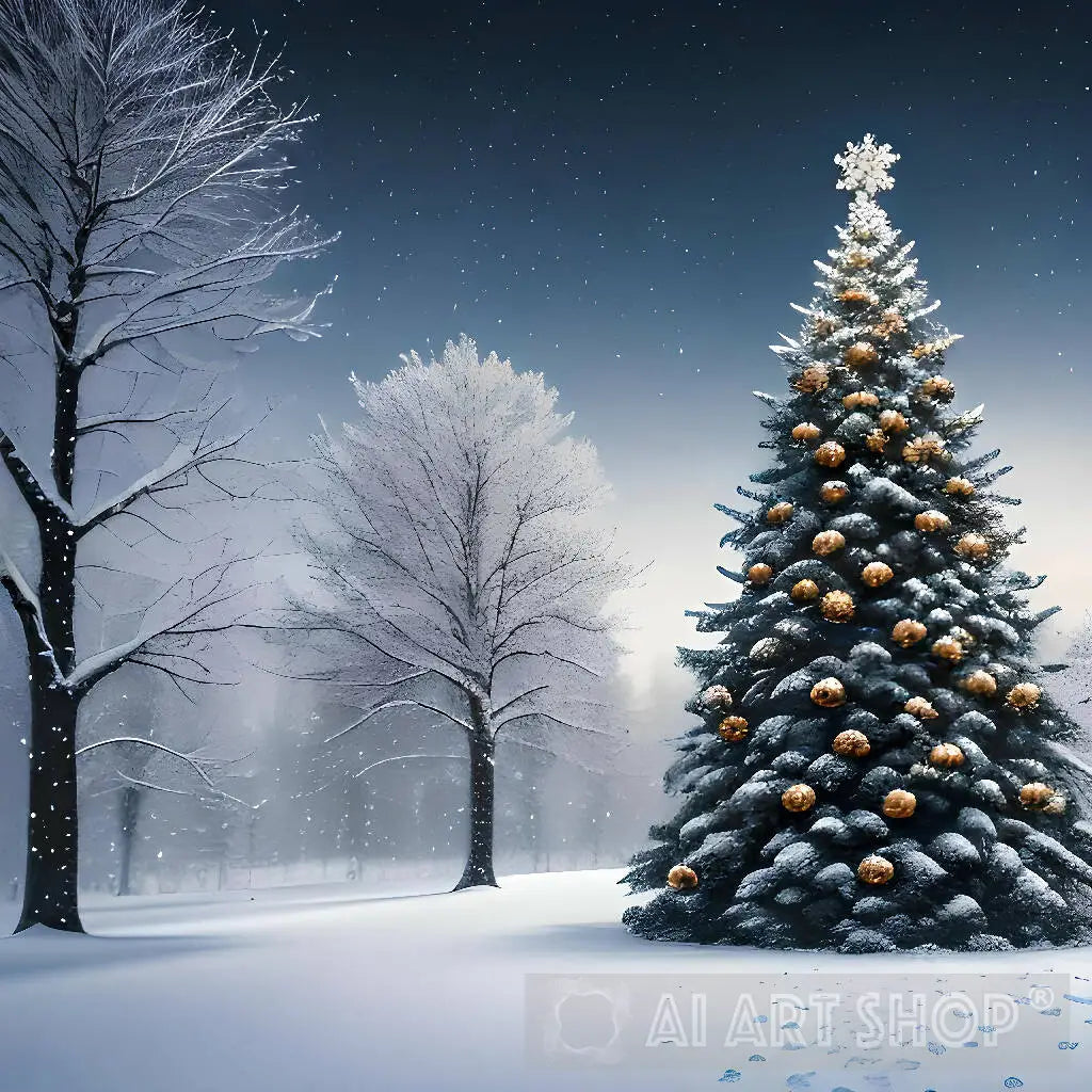 A snow-covered winter wonderland, with a majestic Christmas tree in...
