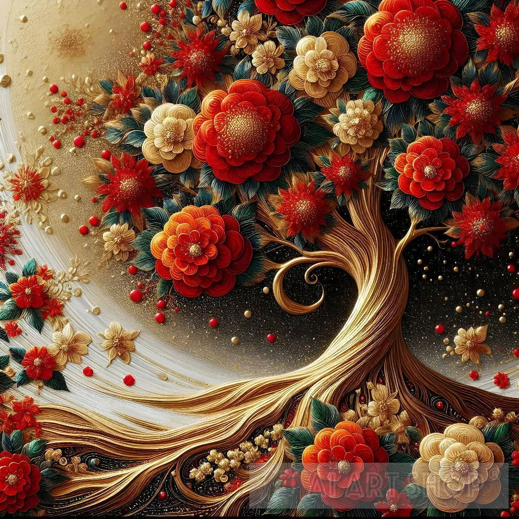 A Tree With Red And Yellow Flowers, Tree Art, Nature Inspired, Flor...