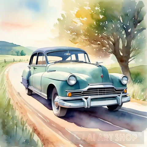 A Vintage Car Driving On A Country Road Ai Artwork
