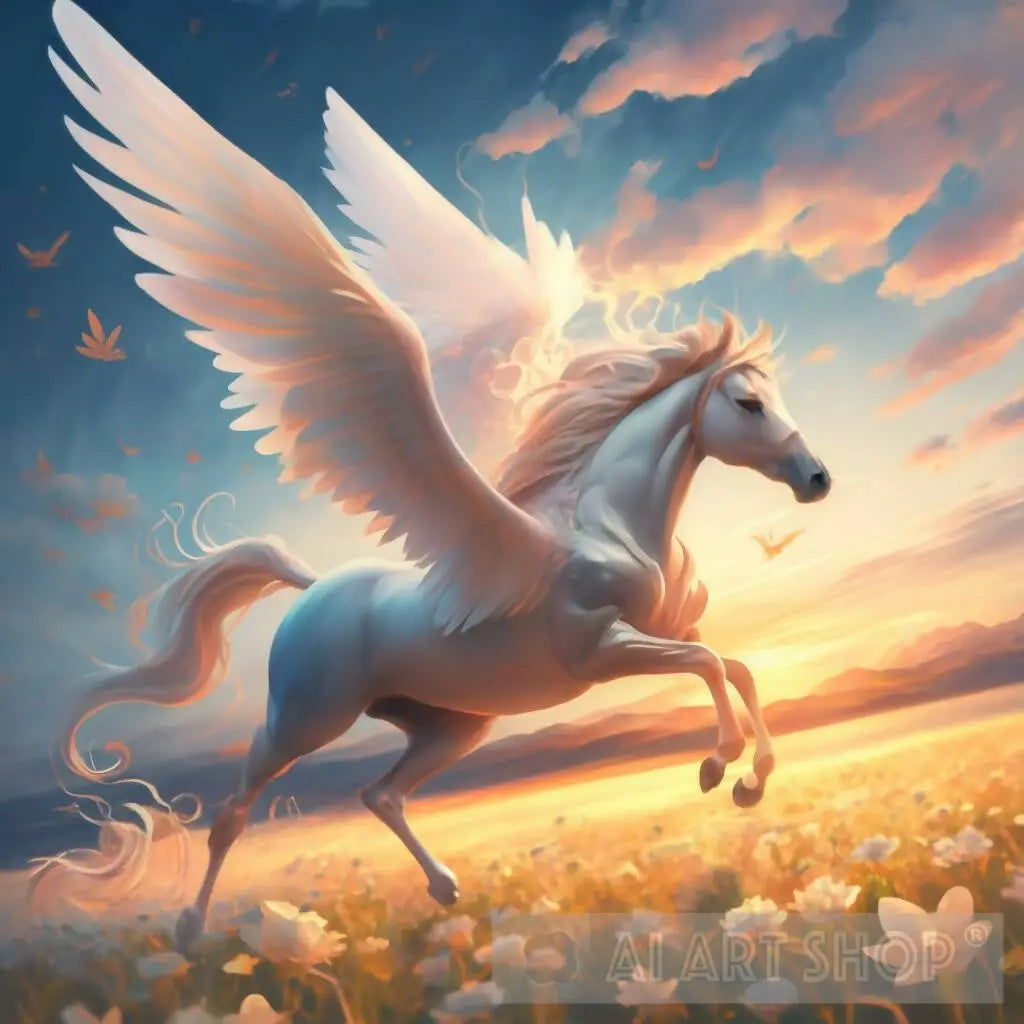 A white horse with wings flies in the sky