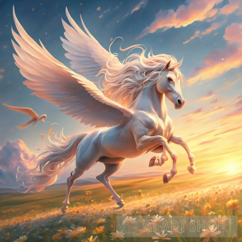 A white horse with wings flies in the sky