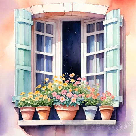 A Window With Flower Pots Ai Artwork