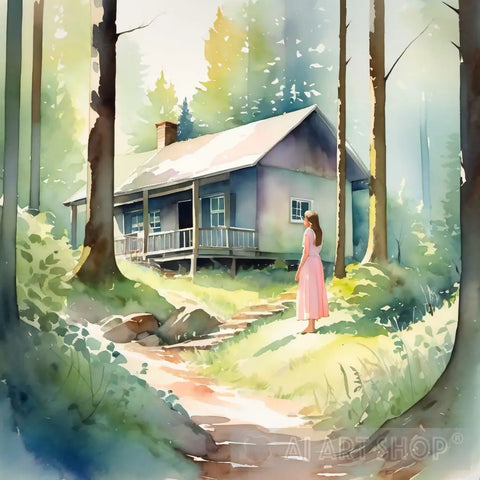 A Woman In The Woods By Her House Ai Artwork