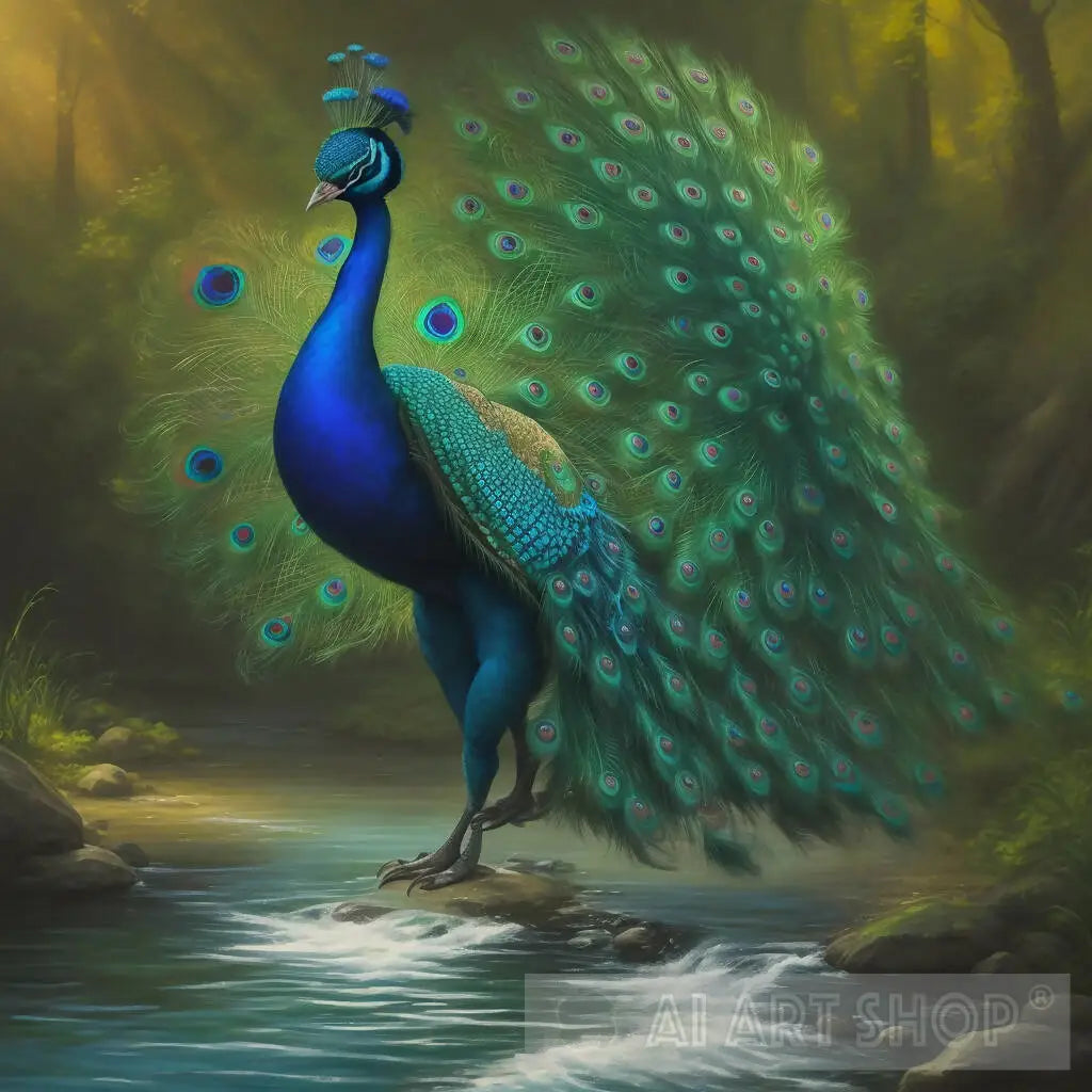 Regal Beauty: A Vibrant Color Art Print of a Peacock Perched on a Bran