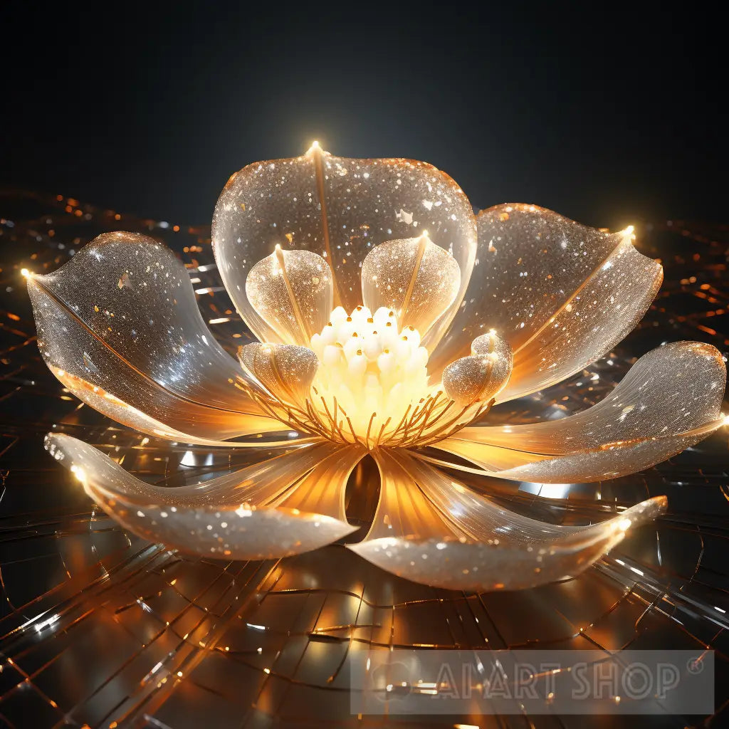 A Beautiful Blue, Gold and Orange Glowing Glass Flower on Rocks
