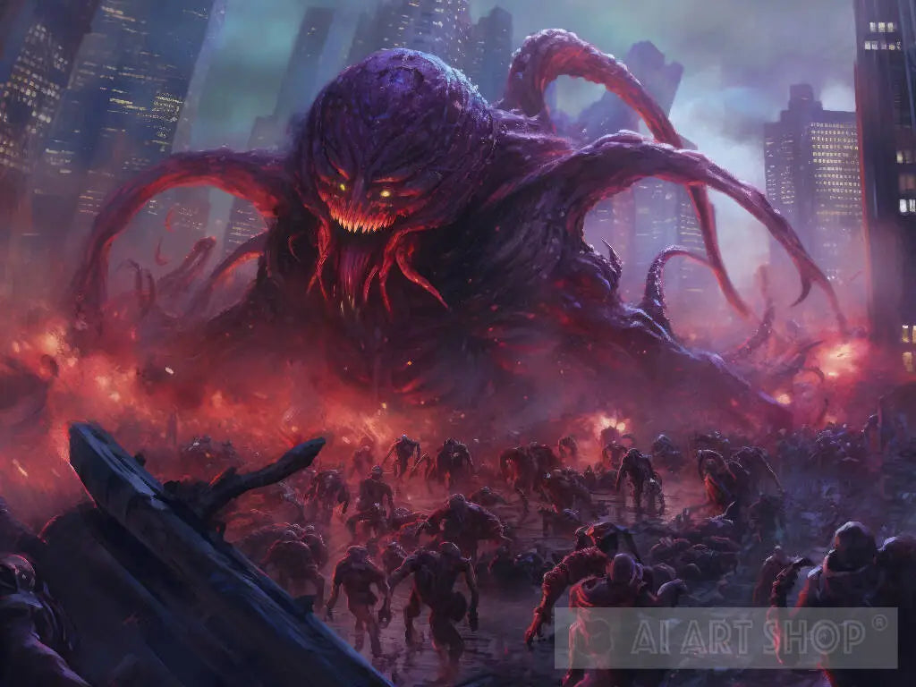 ai art monsters An intense sci-fi scene of a colossal Alien monster invading a night city