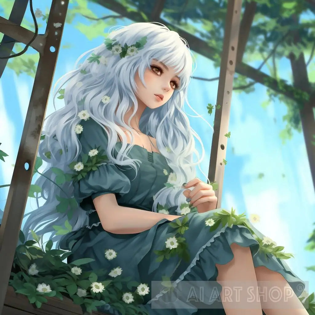Anime girl sitting on bench with green dress with long light blue hair Anime girl sitting on bench with green dress with long light blue hair