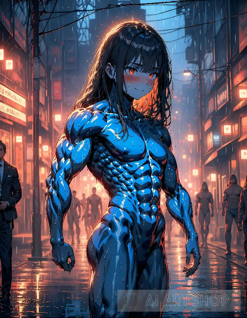 Anime - Naked muscular girl with blue skin on a street in the middle o